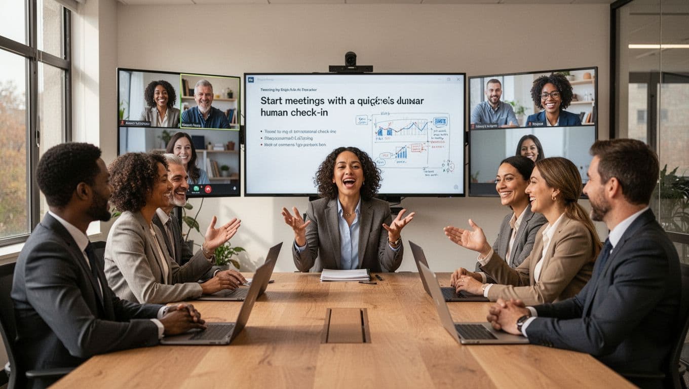 Diverse group of six professionals in a hybrid meeting room, three in person and three on video screens, one speaking animatedly during a personal update while others smile and nod attentively in a modern conference room with natural light.