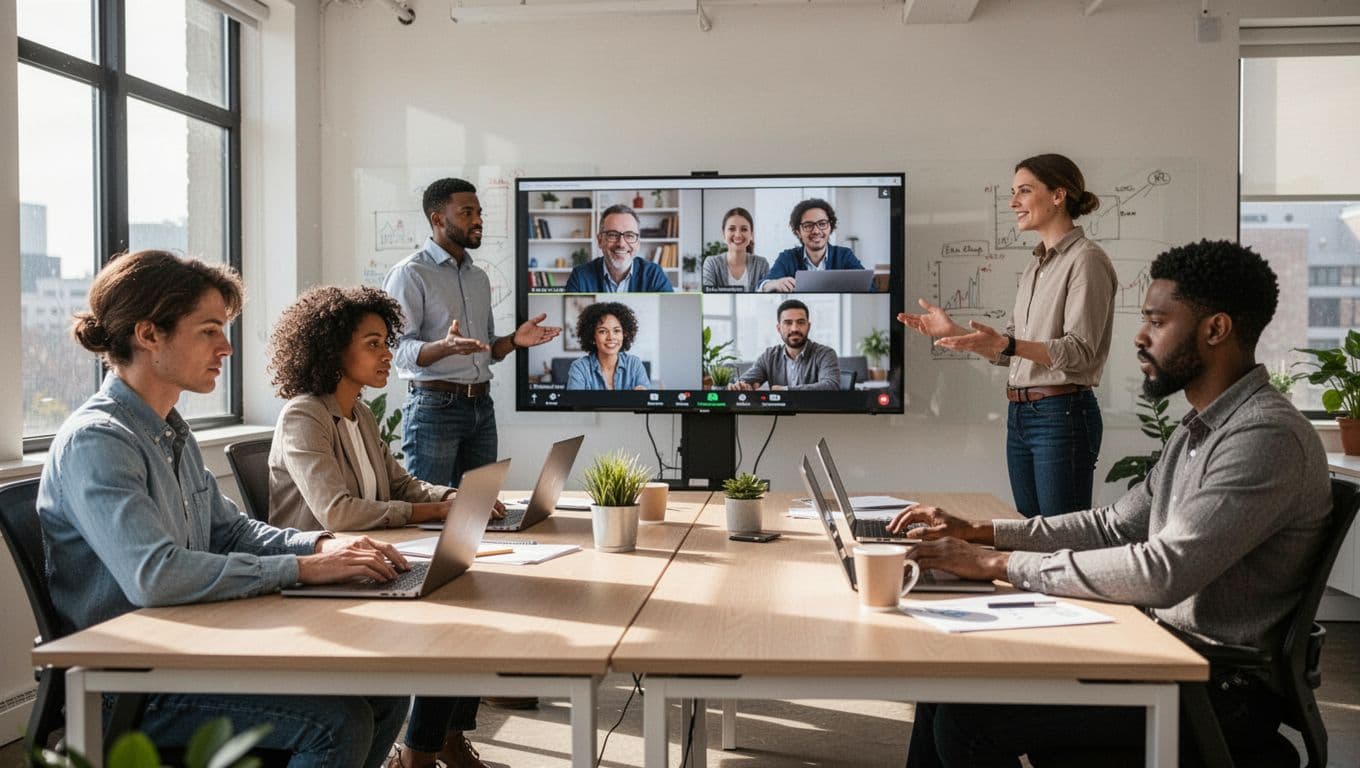 A diverse group of five professionals in a bright modern office collaborates, with two at desks using laptops, two remote workers on video calls, and one standing discussing ideas.