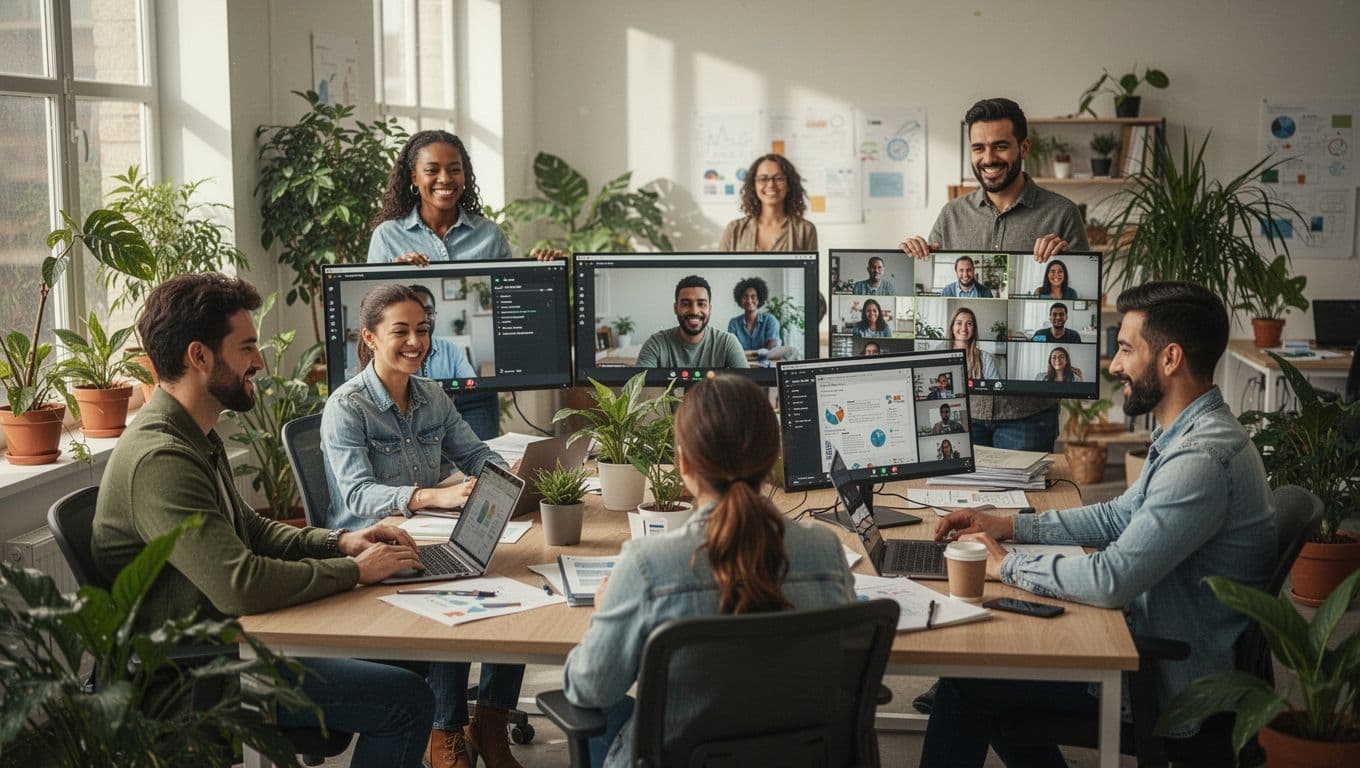 Equipo diverso de cinco personas colaborando en un entorno híbrido de trabajo relajado, con algunos en escritorios y otros en pantallas remotas, plantas, luz natural y atmósfera colaborativa.