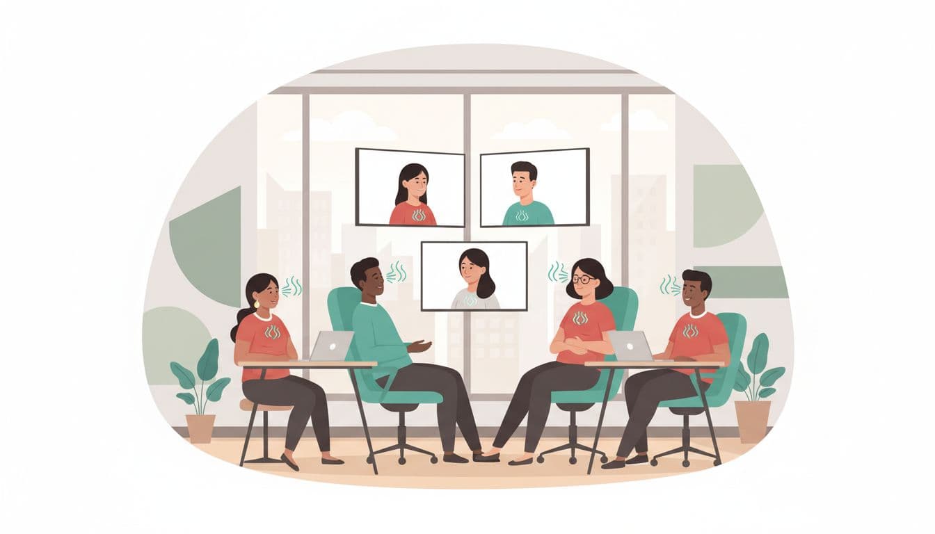 Modern illustration of a diverse hybrid team in a Mexico City office during a collective micro-pause: three at desks with laptops breathing deeply, three on video call screens, relaxed expressions, natural daylight, clean shapes.