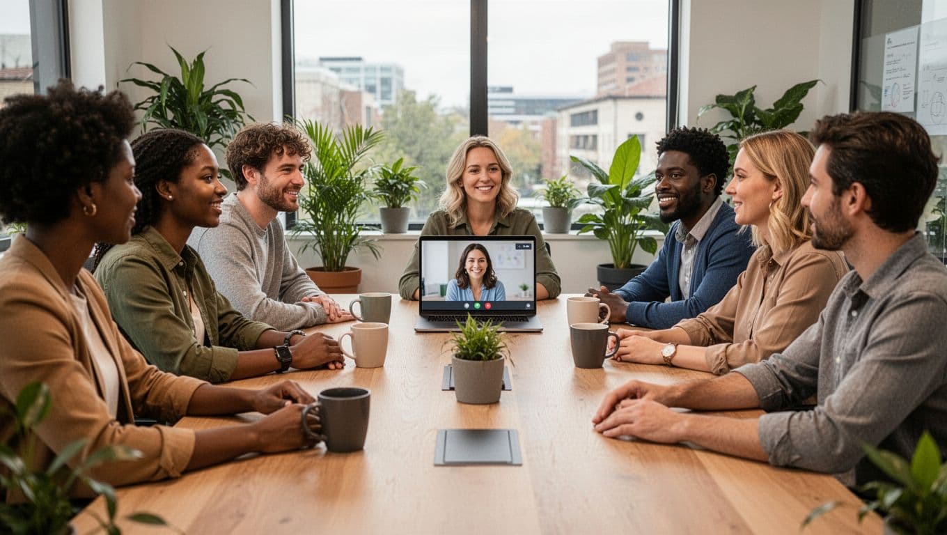 Diverse group of six employees from varied backgrounds and roles, including one on a video call, gathered around a conference table in a modern office with plants and coffee mugs, engaging in casual wellbeing discussion under natural daylight.