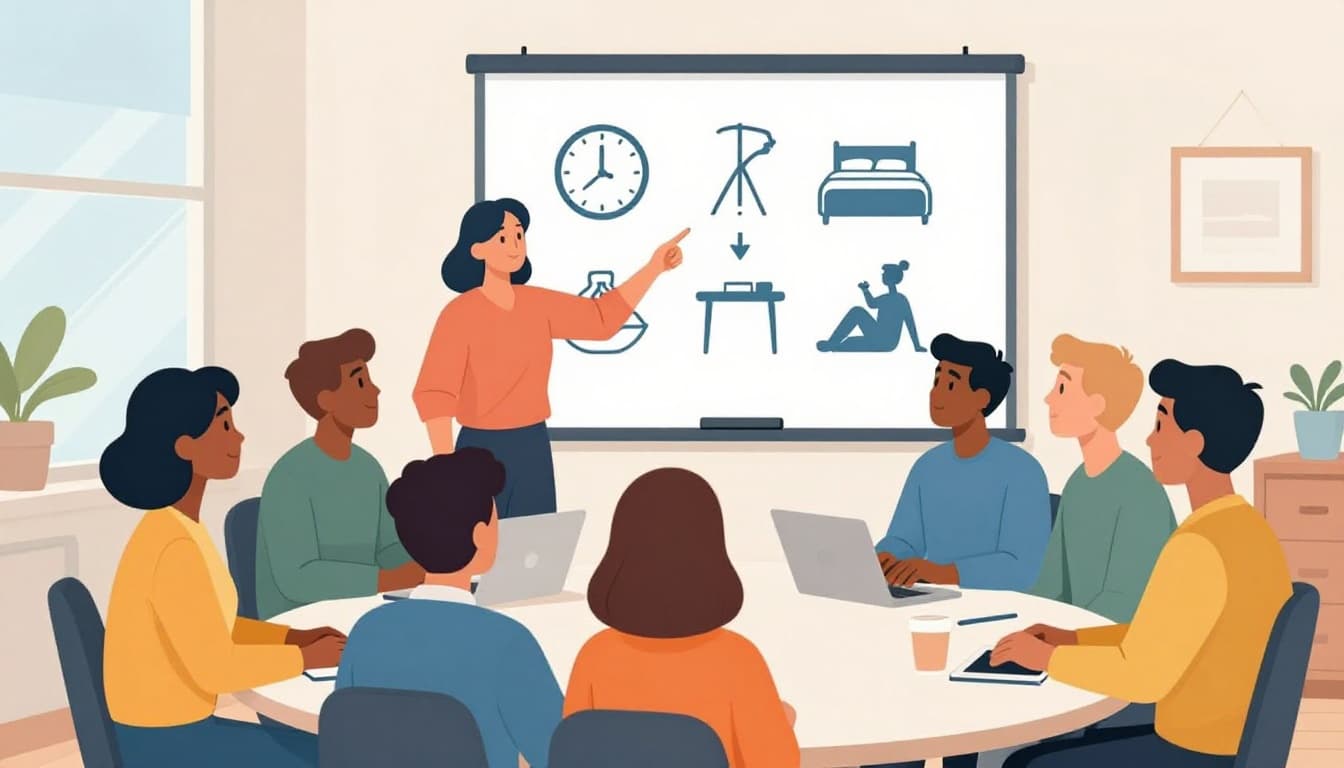 Illustration of a diverse leadership team of five people—three men and two women—in a modern conference room during a meeting on burnout prevention. One leader points to a whiteboard featuring icons for work-life balance like a clock, bed, meeting table, and relaxed postures, rendered in vibrant flat vector art style with natural daylight.