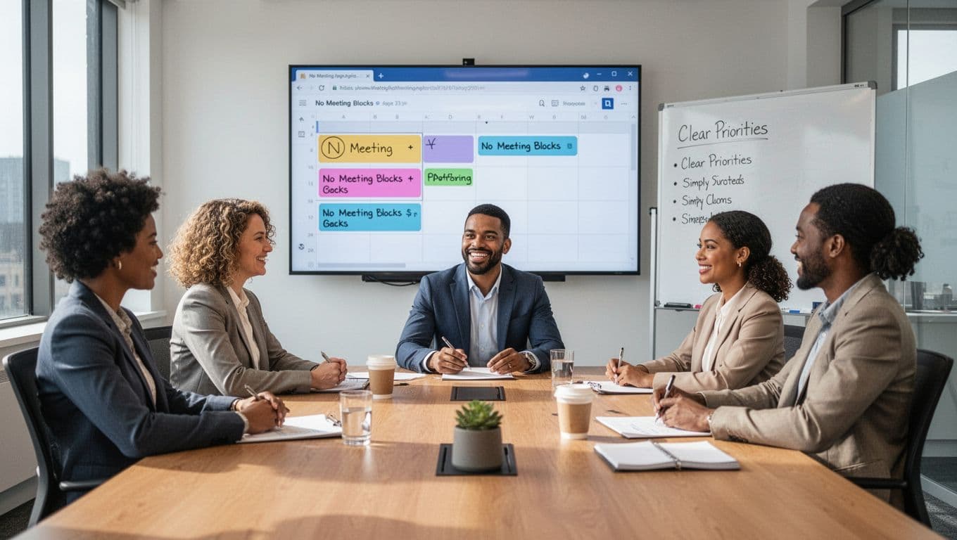 A diverse team of three professionals holds a relaxed and productive meeting in a modern conference room, with a screen displaying a calendar featuring no-meeting blocks and clear priorities, alongside a whiteboard with a short agenda, in a bright collaborative atmosphere.