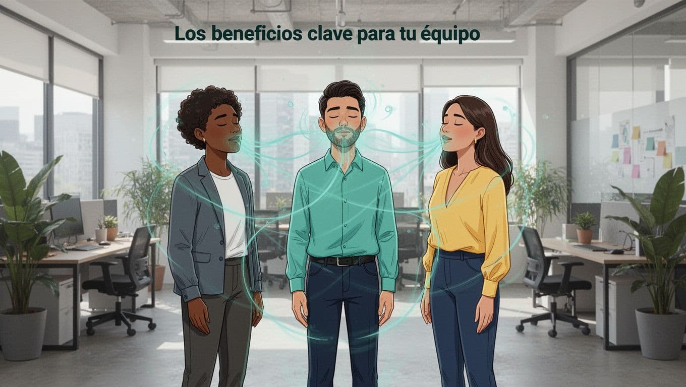 Three diverse marketing professionals stand relaxed in a small circle with eyes closed during a short group micro-breathing pause in an open-plan CDMX agency office, connected by subtle teal breath energy lines under soft daylight.