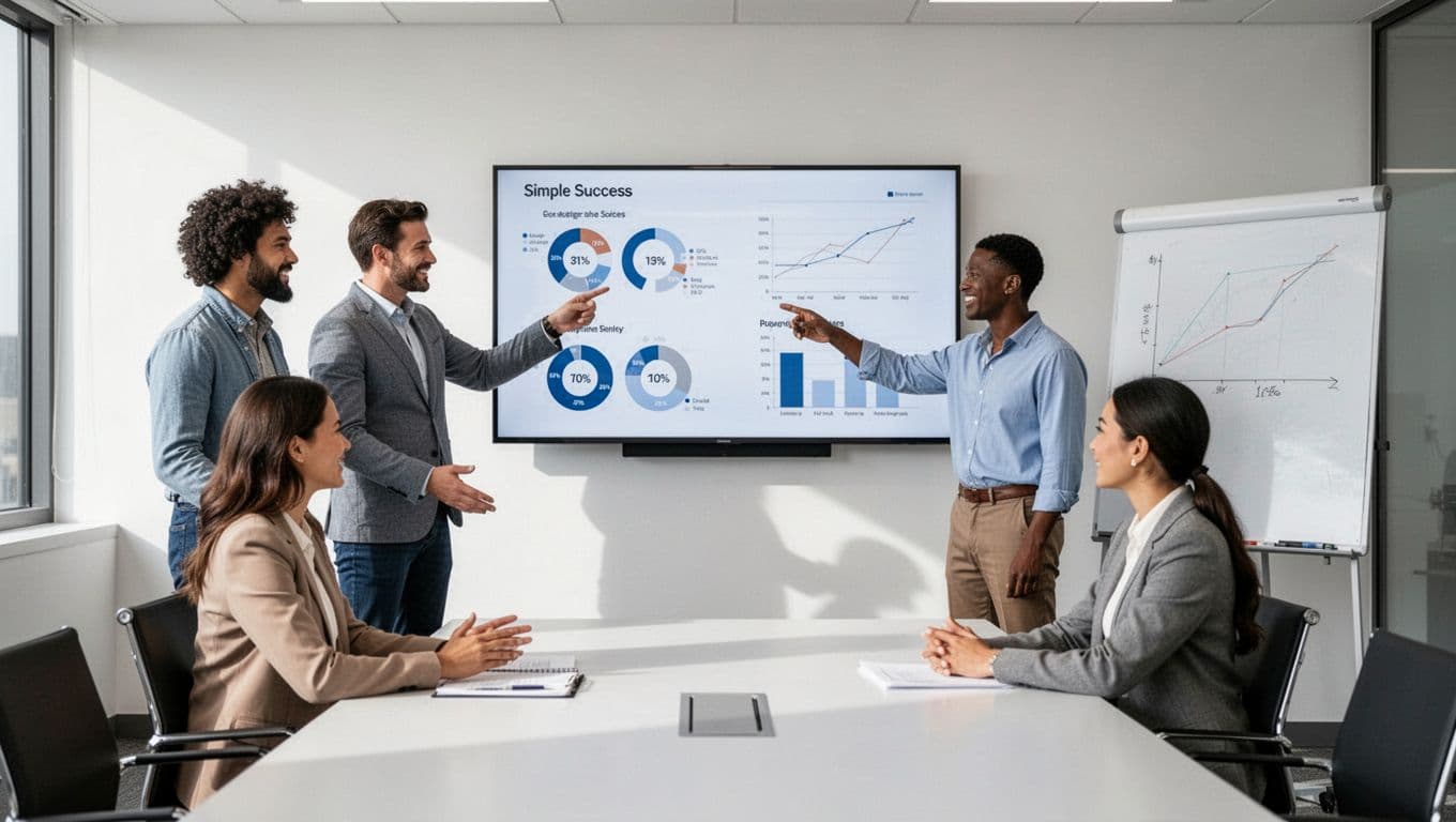 A diverse group of four mental health professionals—two standing and two seated—in a bright conference room collaboratively discuss program success charts on a wall screen and simple graphs on a whiteboard, in a realistic photo style.
