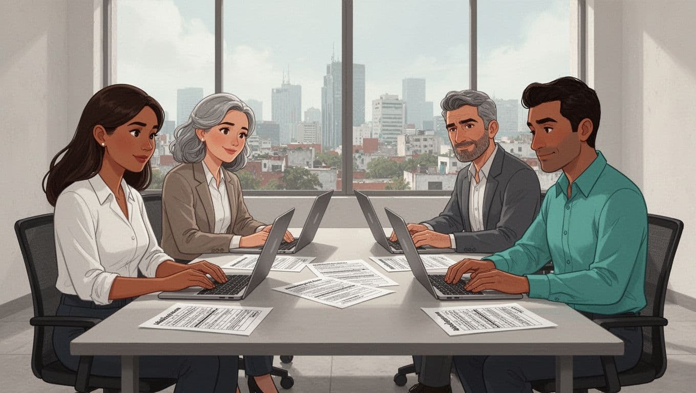 Grupo diverso de cuatro empleados en oficina mexicana contemporánea completando encuestas anónimas sobre riesgos psicosociales, sentados alrededor de una mesa con expresiones concentradas.