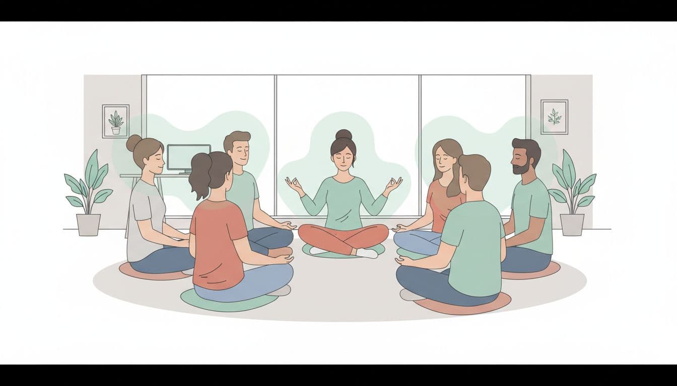 A diverse team of exactly six employees in a modern Mexico City office participates in a guided group breathing session, seated in a circle with eyes closed, in a relaxed and luminous environment led by one person.