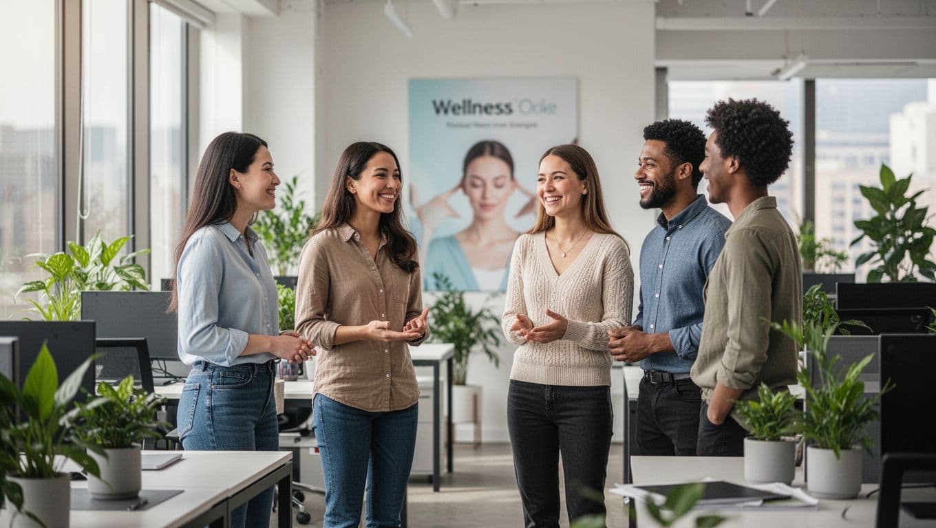 A diverse group of five new employees smiling and casually interacting in a modern office during an onboarding session, featuring subtle wellbeing elements like plants, natural light, and blurred health icons in the background.