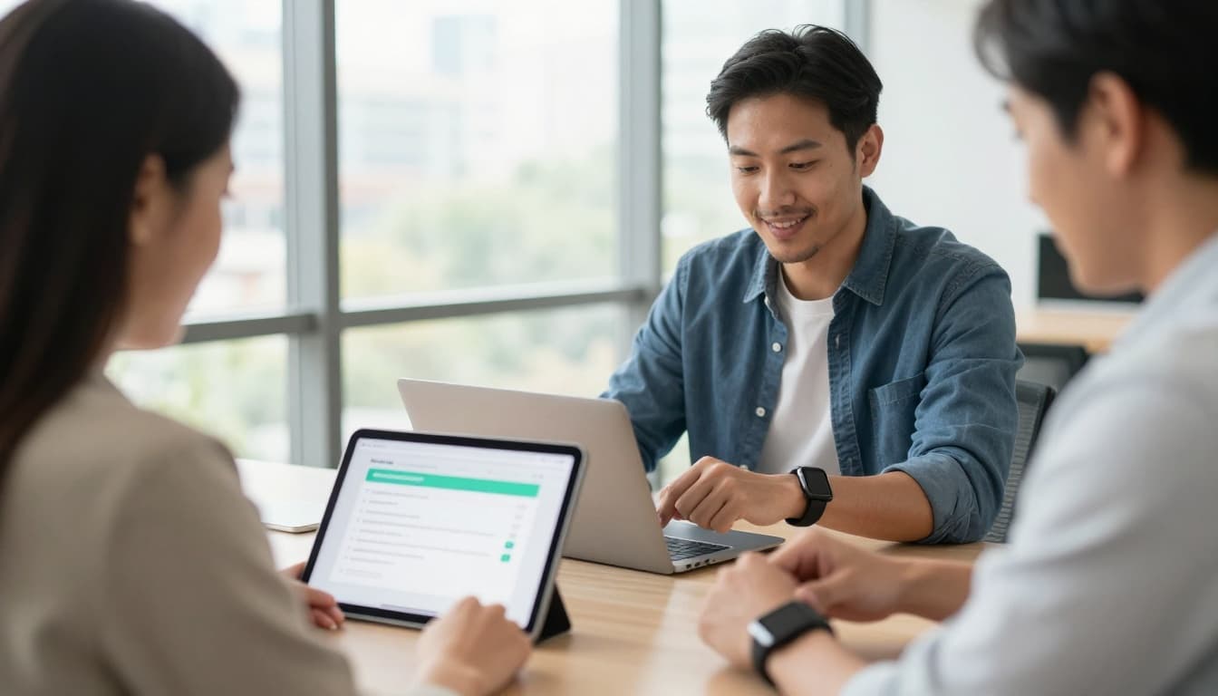 Modern office scene with two diverse new hires: a woman using a tablet displaying a blurred wellbeing app screen with no readable text, and a man reviewing a fitness wearable, in relaxed collaboration under natural window light, photorealistic style.