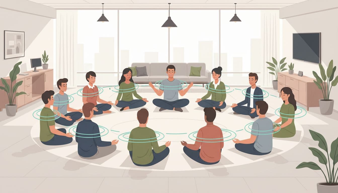 Diverse ten employees sit in circle in modern CDMX office, eyes closed breathing deeply during guided session.