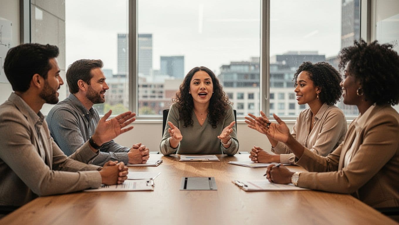 A diverse group of five office employees seated around a table in a modern conference room engages in a focus group discussion, with one woman speaking animatedly while others nod and listen attentively under natural window light in warm tones.