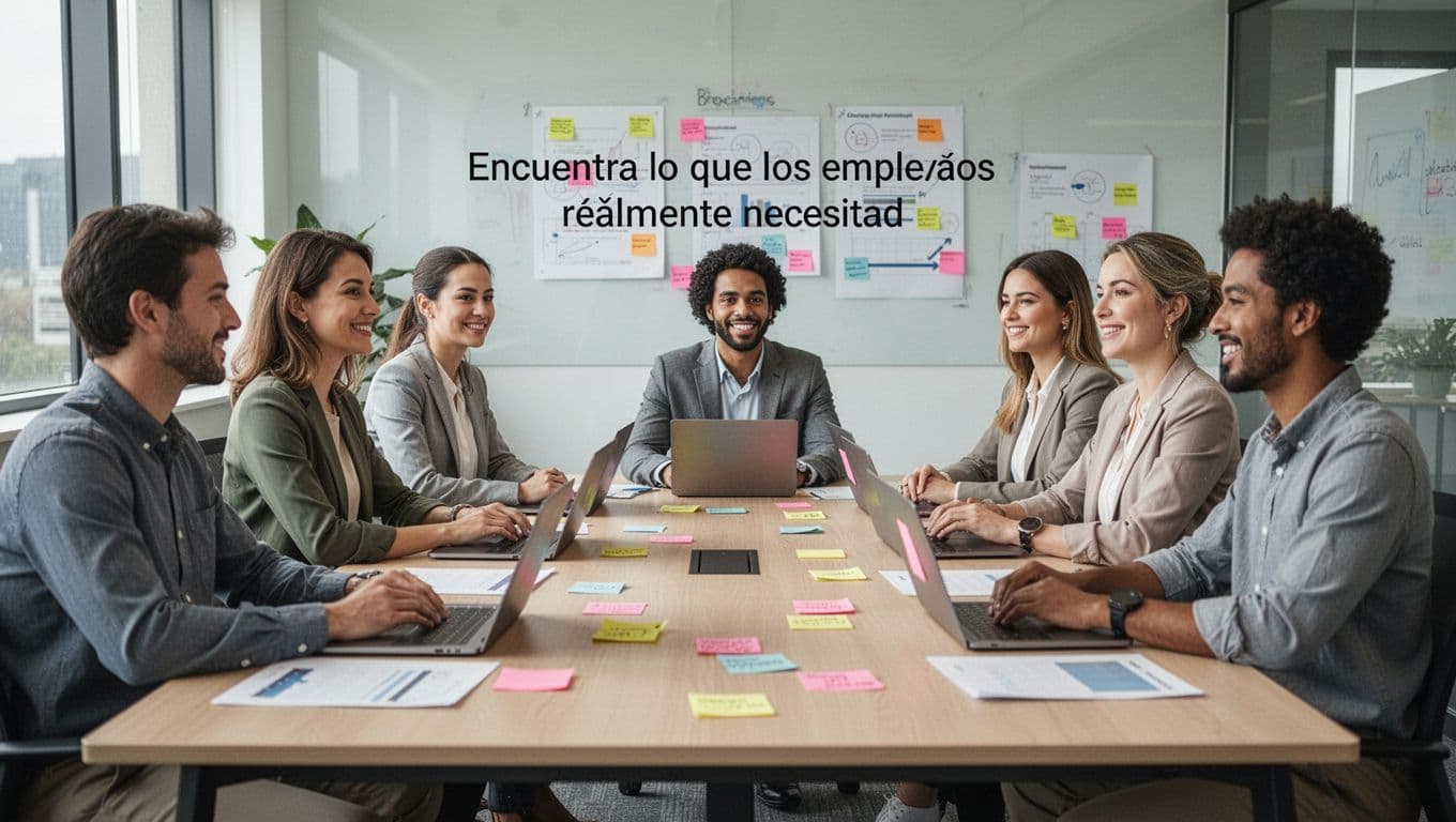A diverse group of six office employees in a modern meeting room participates in a focus group or survey on wellbeing needs, seated around a table with closed laptops and sticky notes, showing attentive and collaborative expressions.