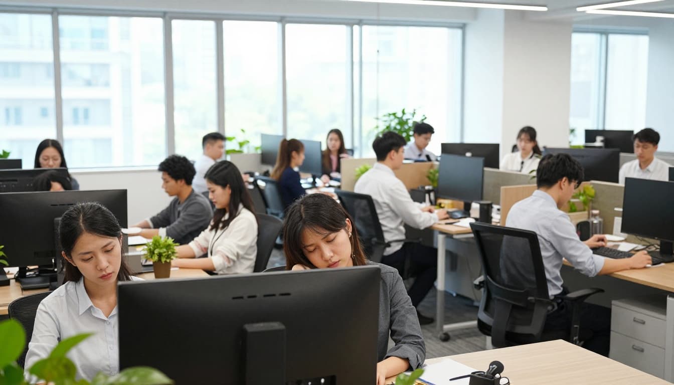 A diverse group of eight office employees at desks in a bright modern workplace with large windows and natural daylight. Some show fatigue with dark circles and slouched postures, while others appear focused and alert.