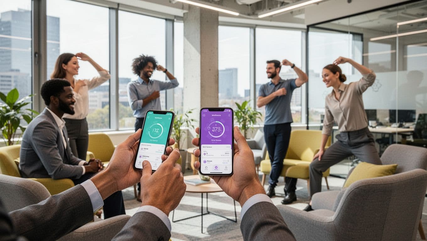 A diverse group of five office employees relaxes in a bright modern office lounge, with two checking a wellness app on their phone with relaxed hands, others stretching or chatting under natural daylight.