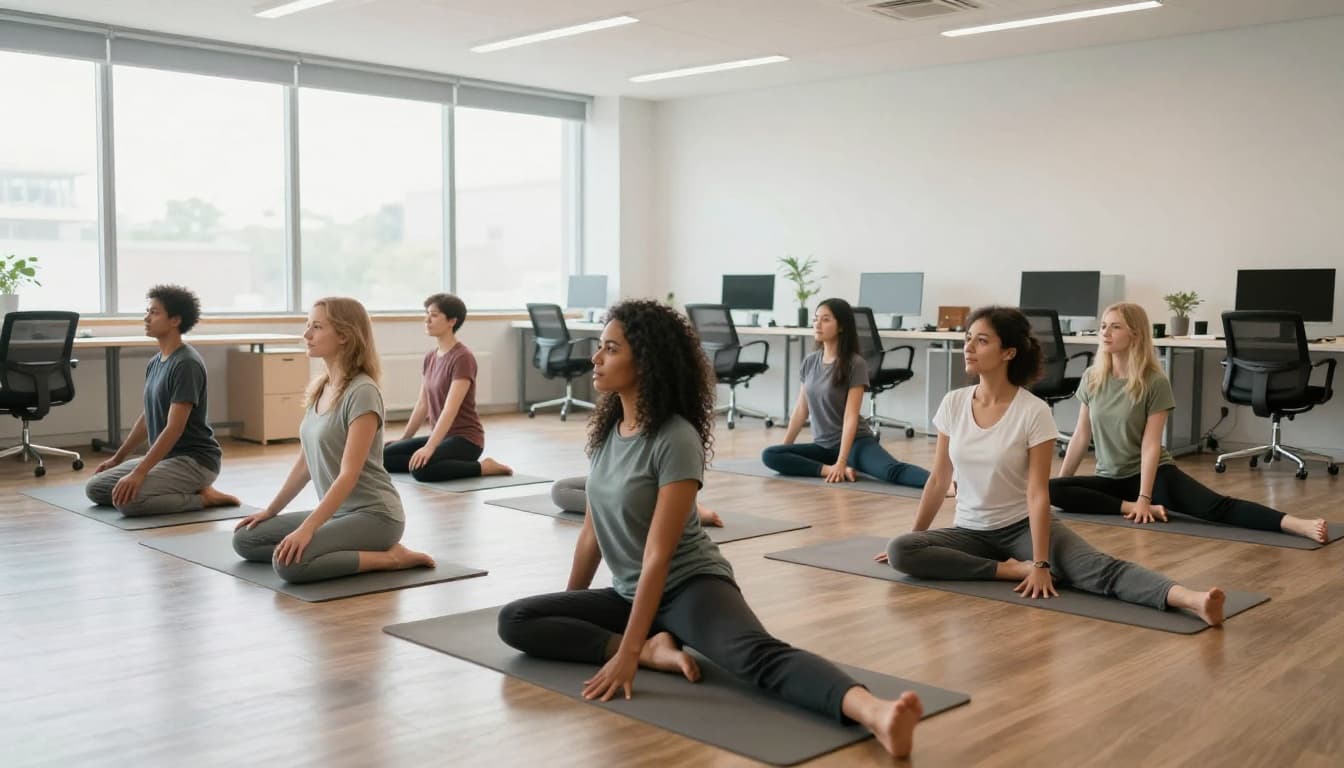 A diverse group of five office employees of different ages and ethnicities engage in a group yoga session in a bright modern office break room, captured in a wide-angle realistic photography style with natural daylight.
