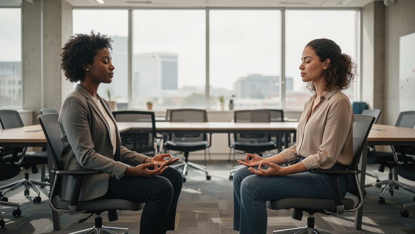 A diverse group of six office employees participates in a mindfulness session in a modern conference room, sitting in a circle with relaxed expressions, soft natural light, and casual professional attire.