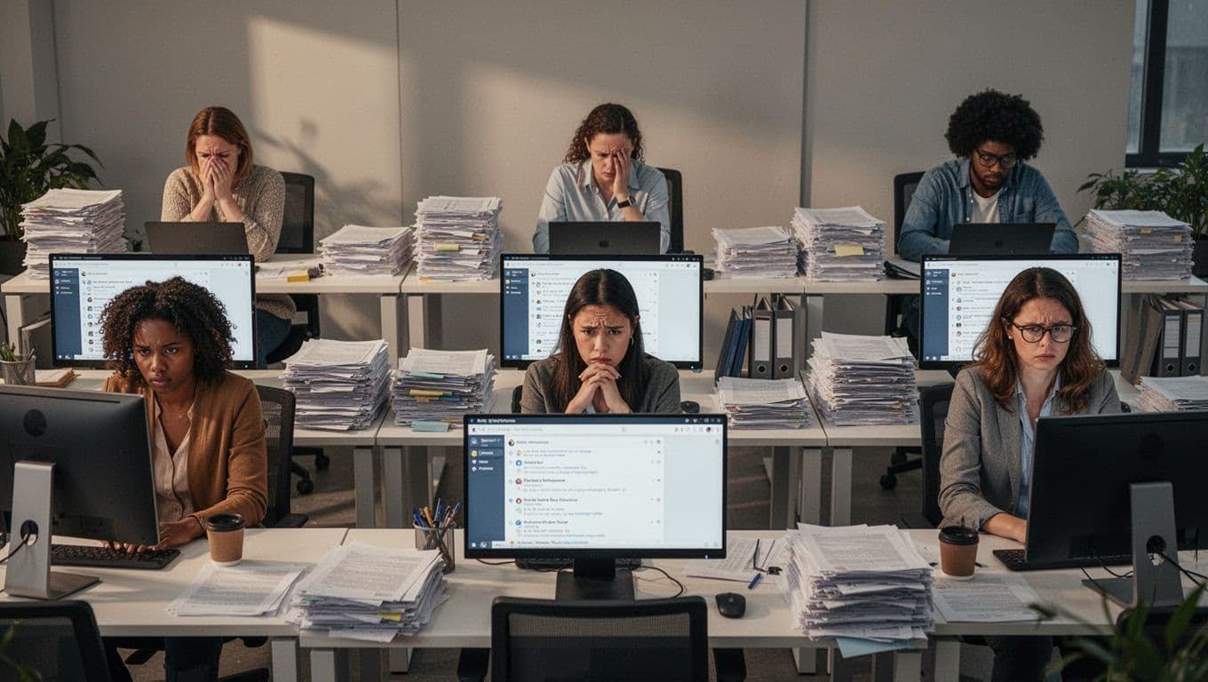 A diverse group of five office and remote workers at desks with computers, faces showing exhaustion and frustration amid piles of papers and overflowing email screens in a dimly lit modern office.