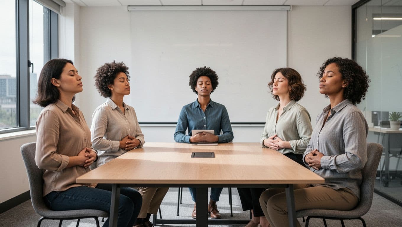 Small diverse team of 4 office workers in a modern conference room with eyes closed and hands on abdomen, practicing guided box breathing calmly before a meeting.