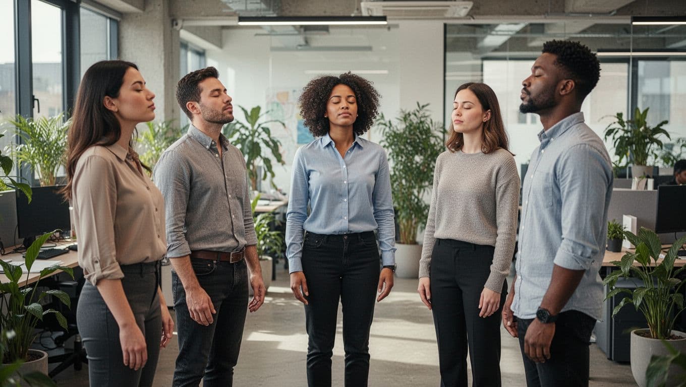 Team of five diverse professionals—two women, three men—in casual business attire stand in a circle with eyes closed, hands relaxed, in a modern open office with plants and daylight, capturing a moment of calm breathing and group harmony.