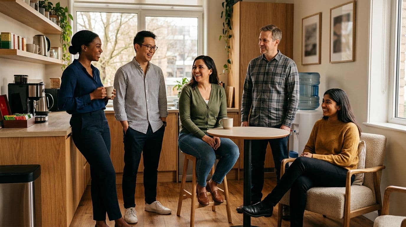 A diverse group of five people standing or sitting relaxed in an office break room during a short breathing break, with soft warm lighting and realistic photo style.