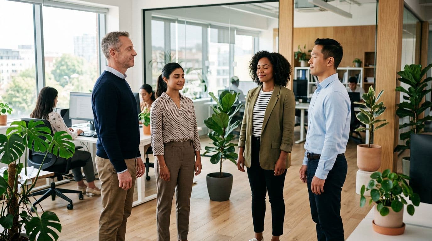 Diverse team of four professionals standing in a circle doing a simple breathing exercise mid-workday in a modern open office with plants, relaxed smiling faces, realistic illustration in bright daylight.