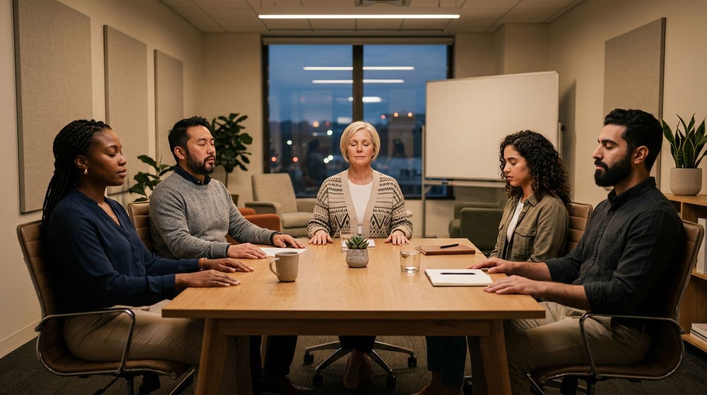 A small diverse team of exactly five office workers seated around a conference table in a meeting break, all closing their eyes for a collective breathing pause with relaxed postures and warm office lighting in realistic photo style.