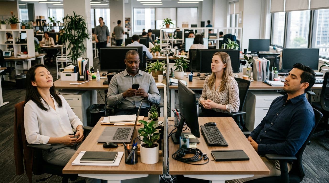 A diverse team of four office workers pauses for short breathing exercises at their desks in a busy open office, bathed in natural afternoon light, captured in a candid realistic photo style.