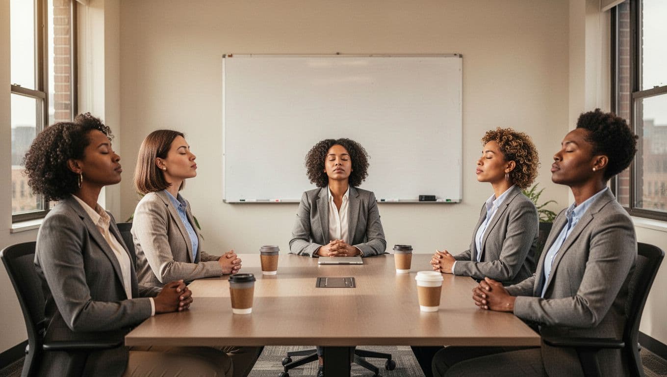 Group of five diverse office workers in a conference room, pausing for a team breathwork moment at the start of a meeting, sitting around a table with eyes closed and hands on laps, breathing calmly in unison.