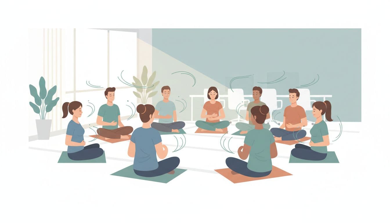 Modern illustration of 10 diverse office workers in a bright conference room practicing guided breathwork in a circle, led by a facilitator, with serene faces, hands on bellies, and subtle accent lines emphasizing calm unity.