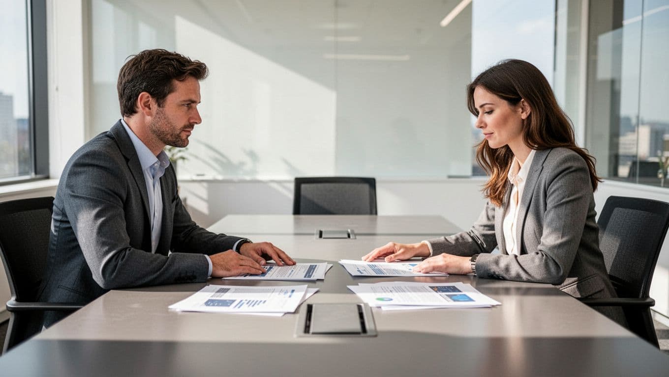 A diverse group of four office professionals—two men and two women aged 30-50—seated around a conference table in a bright modern meeting room, reviewing printed reports with relaxed postures and natural window light.