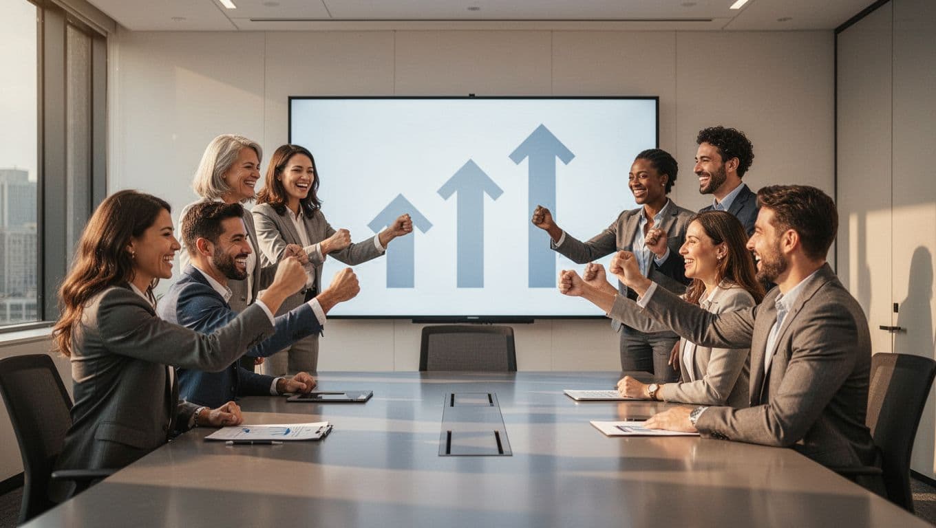 Diverse group of eight office workers in a modern conference room reviews rising productivity charts on a screen and celebrates with smiles and fist bumps under warm professional lighting.
