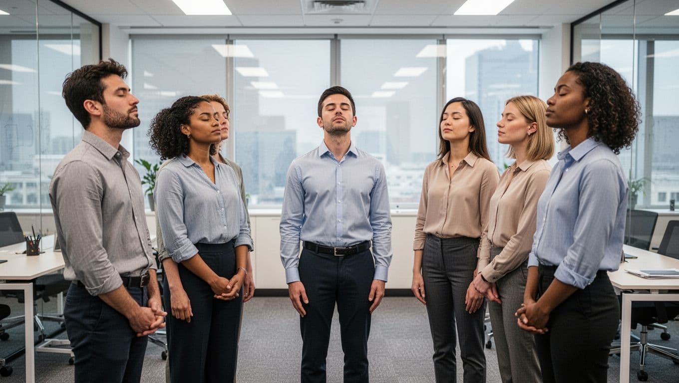 A small diverse team of five office workers stands in a circle in a conference room, eyes closed for a guided breathing pause with relaxed postures and hands at sides under bright lighting.