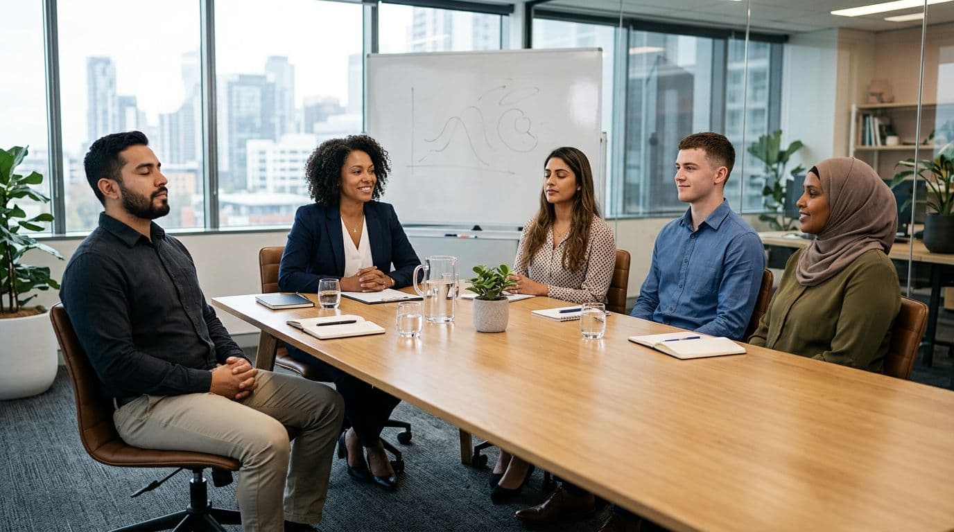 Five diverse professionals in a modern office meeting room, some silently performing breathing resets, others relaxed, with the leader facilitating an optional pause under warm lighting.