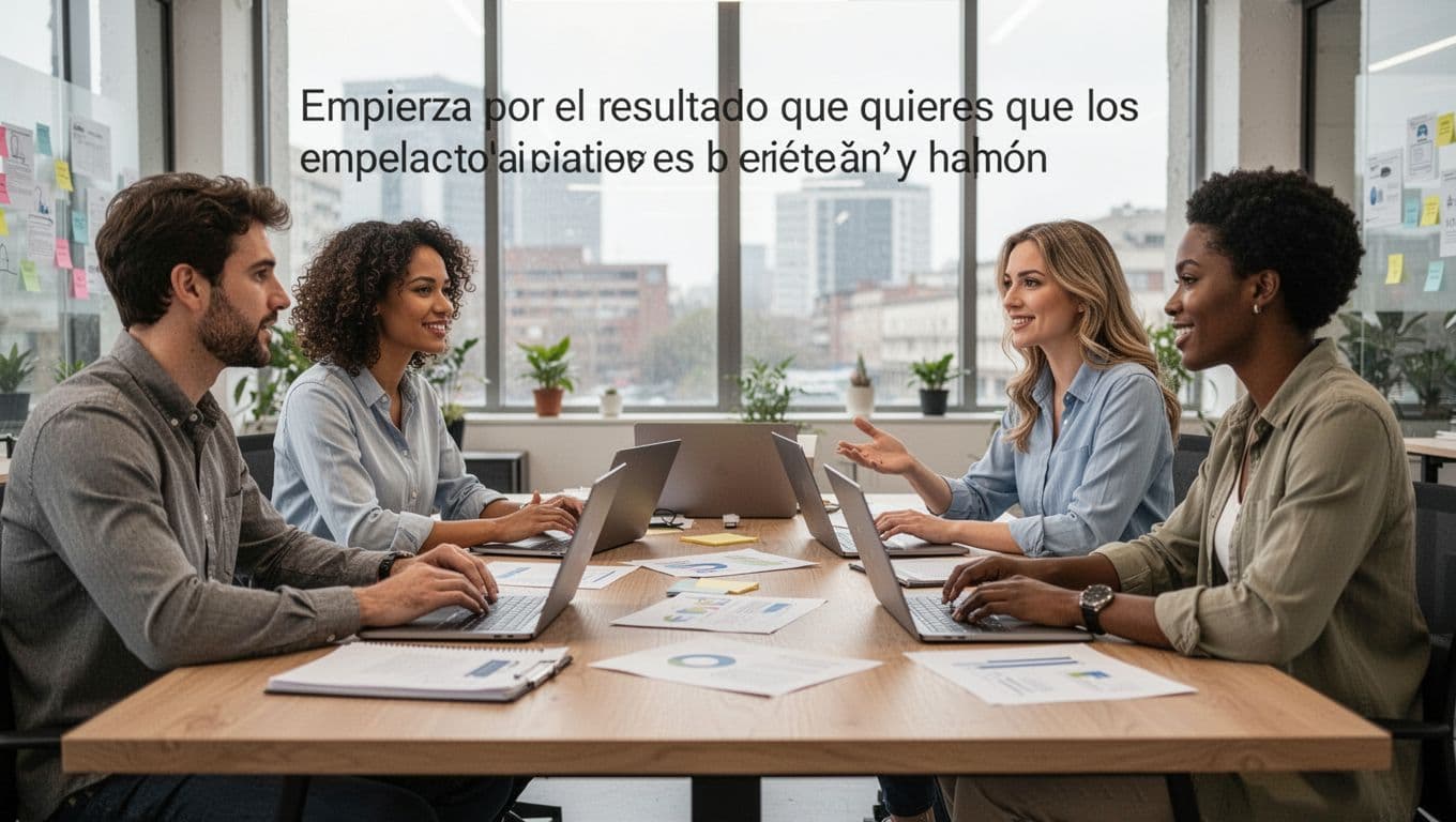 A diverse group of exactly four employees in a modern office sits around a table with laptops and notes, discussing clear goals for work wellbeing initiatives under soft natural light, realistic photographic style focusing on group interaction.