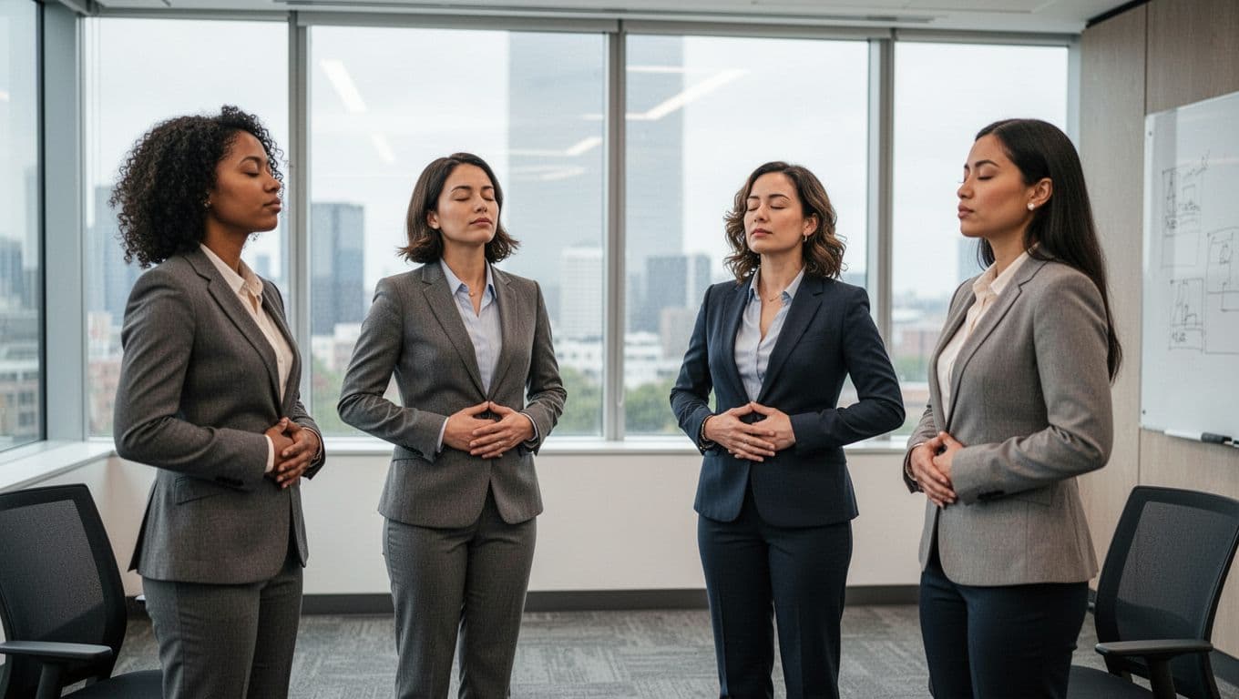 A small diverse team of four professionals stands in a loose circle in a modern conference room, performing a short group breathing reset with hands on abdomens and eyes closed for calm.