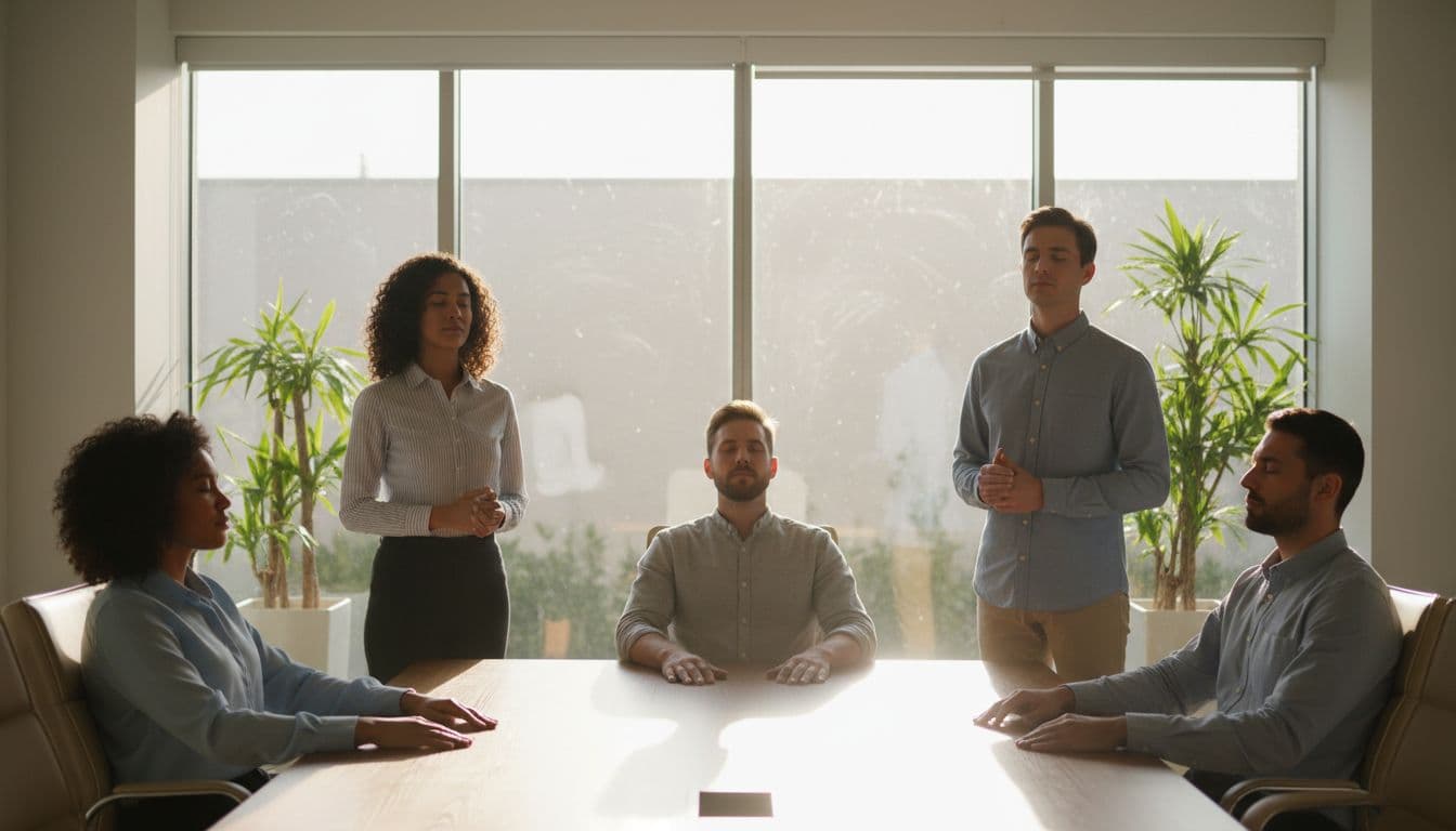 A small diverse team of five office workers—two women and three men—in a modern conference room, pausing for guided breathing before a meeting. They appear relaxed with eyes closed, hands resting on laps or table, in a serene atmosphere with soft natural light.