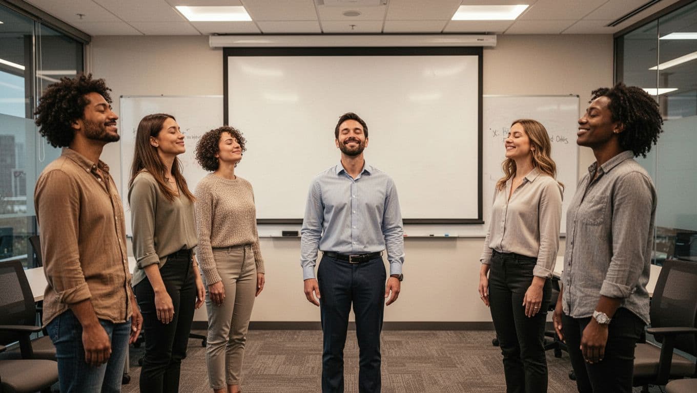 Five diverse office workers stand in a circle practicing guided breathing during a team break in a modern conference room, eyes closed with relaxed smiles.