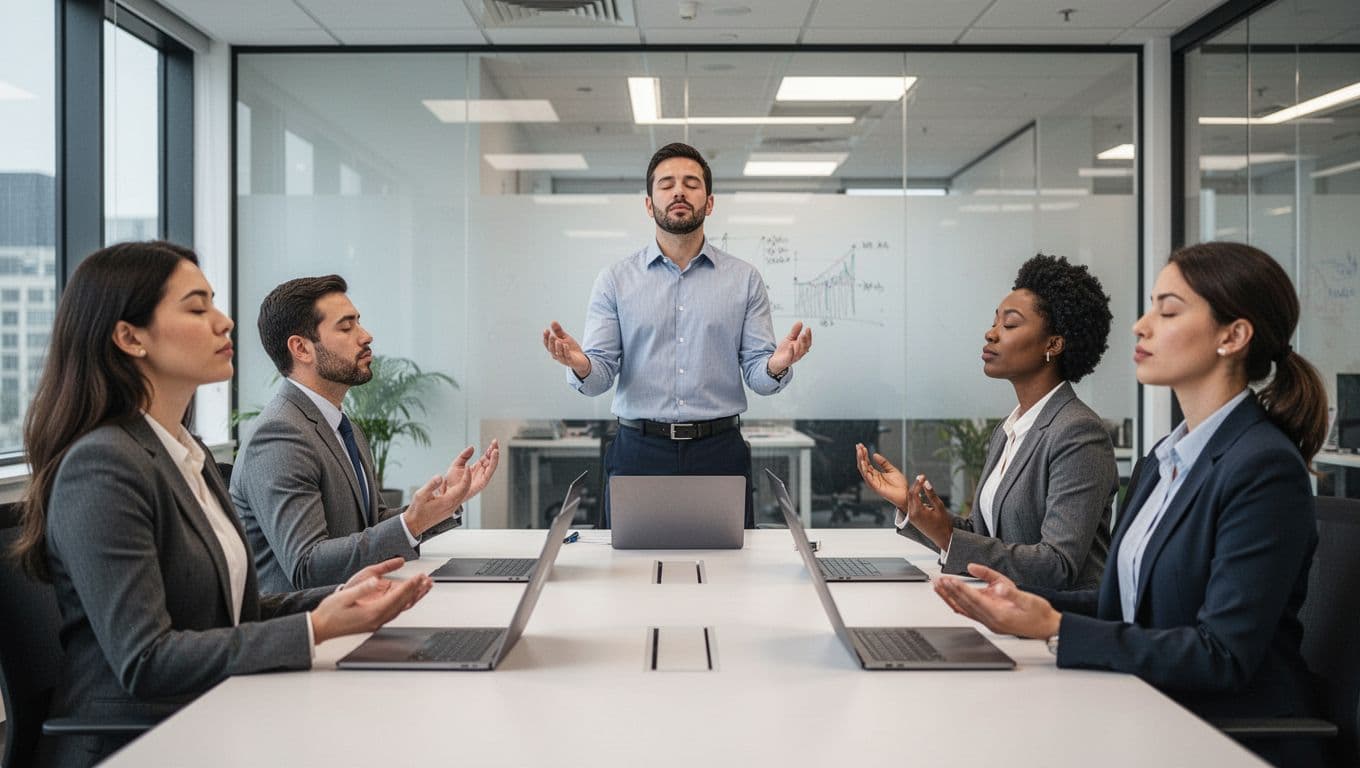 A small group of four diverse professionals pauses their office meeting for a guided breathing exercise, with the leader demonstrating, all eyes closed and hands relaxed, closed notebooks on the table in a clean corporate environment.