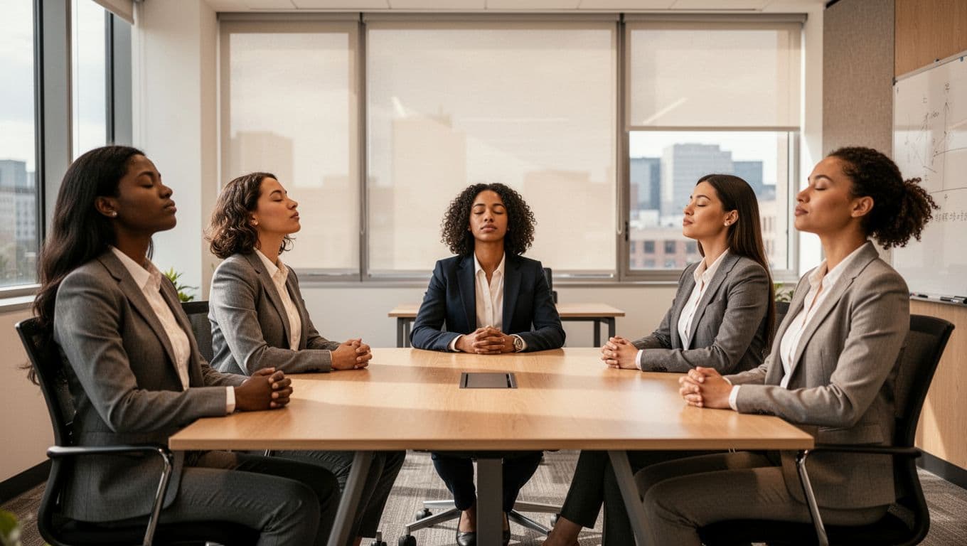 A diverse team of five office workers sits comfortably around a table in a modern conference room, eyes closed, practicing guided breathing during a short break. Natural daylight illuminates their relaxed postures in professional attire, fostering a calm atmosphere.