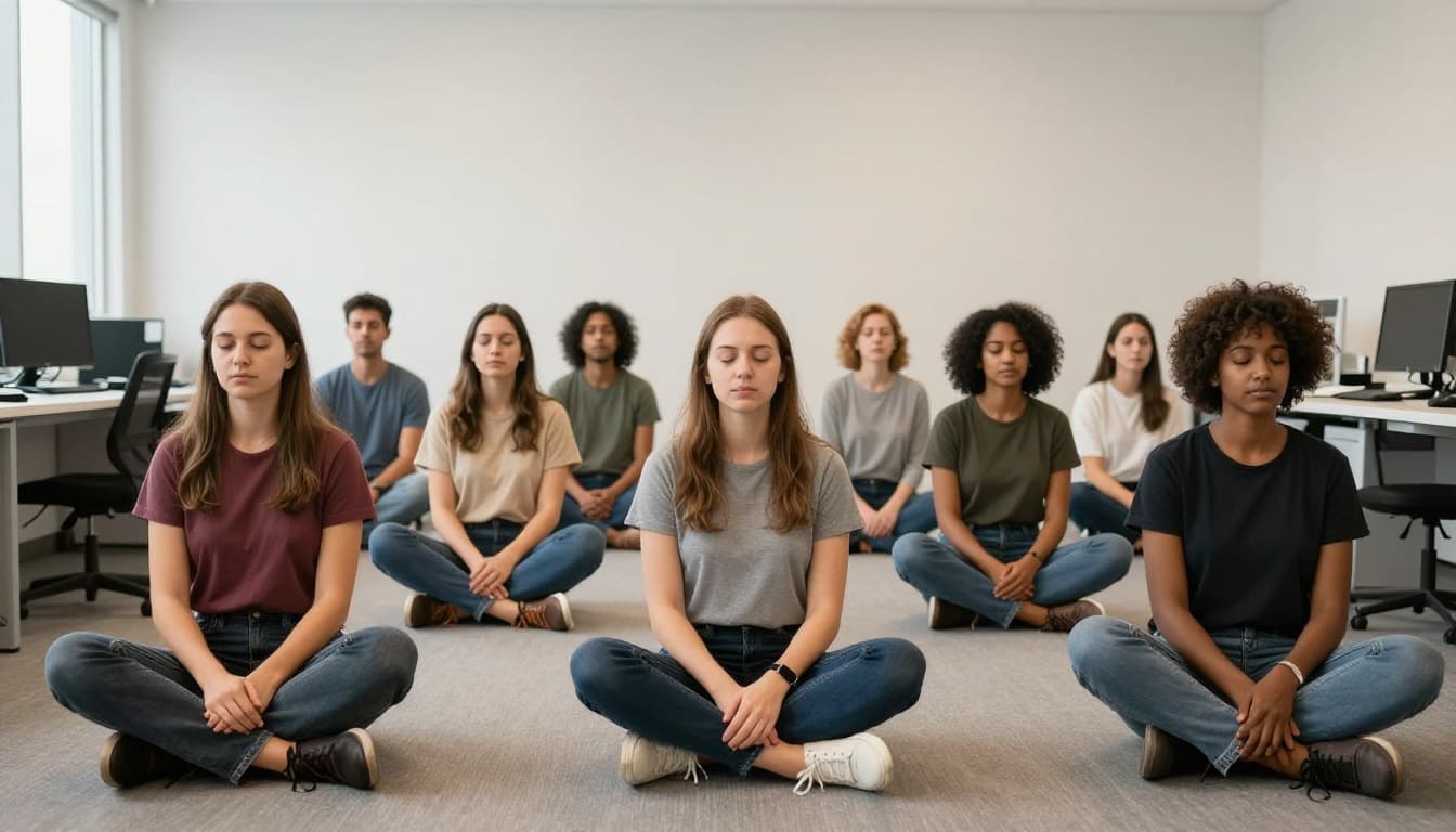 A diverse group of exactly six professionals in a modern office pauses for a short guided breathing exercise, sitting at desks with eyes closed and calm expressions under soft natural light.