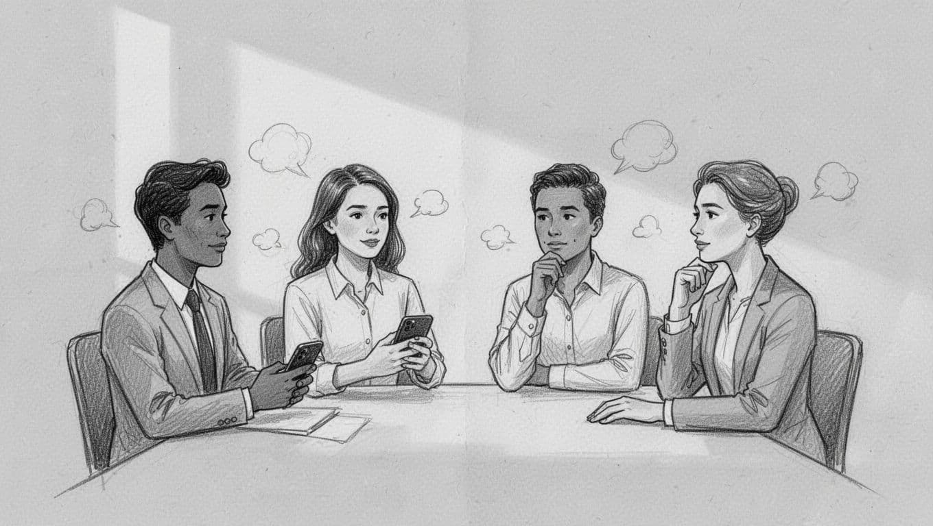 Hand-drawn graphite sketch of a diverse group of four office workers in a meeting room; two appear calm with subtle floating breath icons, while two are relaxed but distracted by phones, on a clean light gray background.