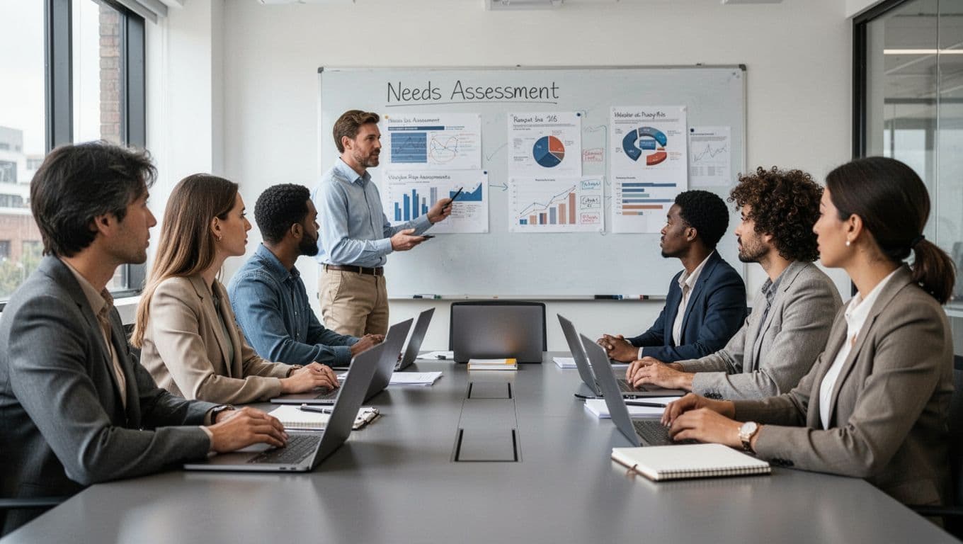 A diverse team of six office workers in a modern conference room sits around a table with laptops and notebooks, focused on discussing needs assessment charts on a whiteboard under natural daylight.