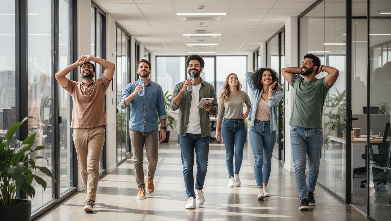 A diverse group of exactly five office workers enjoys a quick break in a modern hallway, walking, stretching, and drinking water with relaxed expressions under bright natural light.