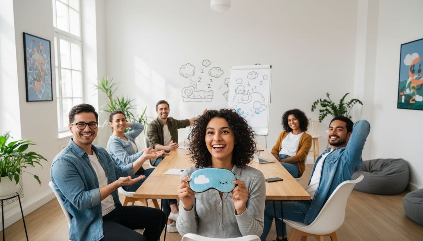 A diverse group of six smiling office employees participates in a fun sleep challenge in a relaxed, brightly lit meeting room, with one holding a sleep mask and soft natural lighting.