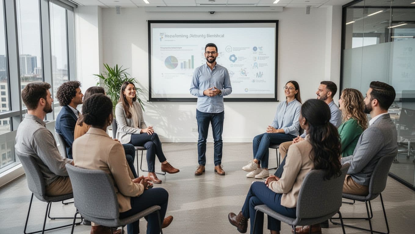 A diverse office team participates in a managers' wellness training session with a facilitator speaking to the group seated in a circle in a modern meeting room, photorealistic with natural light and exactly 8 attentive people.
