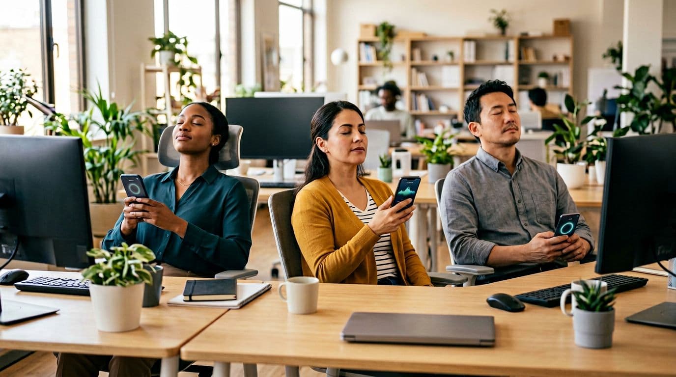 Three diverse office workers take short breathing breaks at their desks during the workday, in relaxed poses with smartphones for app use, in a bright office with warm lighting.