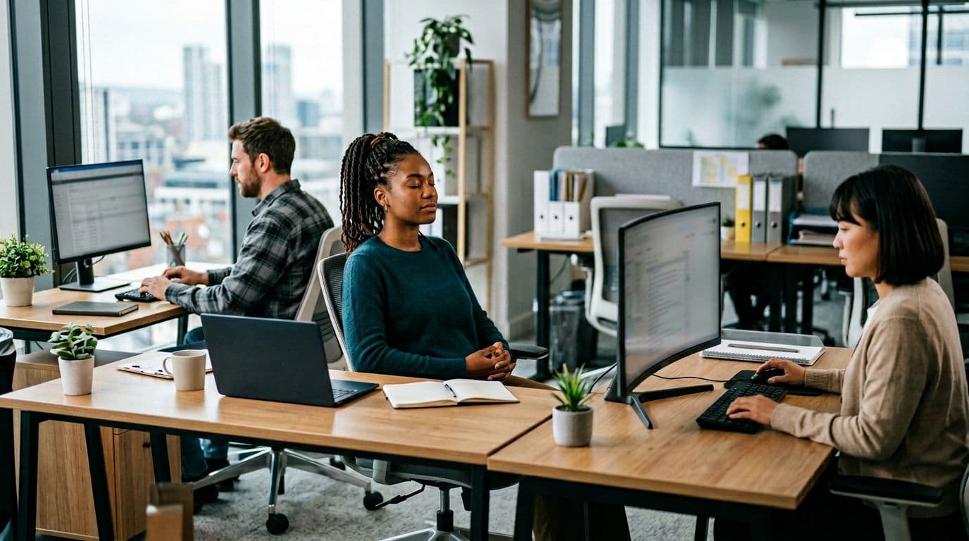 Group of three diverse office workers in a modern workspace; one pauses for deep breathing with eyes closed at desk, others focused on work with relaxed hands. Soft natural light, realistic photography, no screens, text, or extra people.
