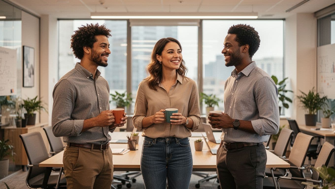 A diverse group of three office workers stands chatting casually in a bright conference room during a break, holding coffee mugs with relaxed expressions amid warm lighting and modern office decor.