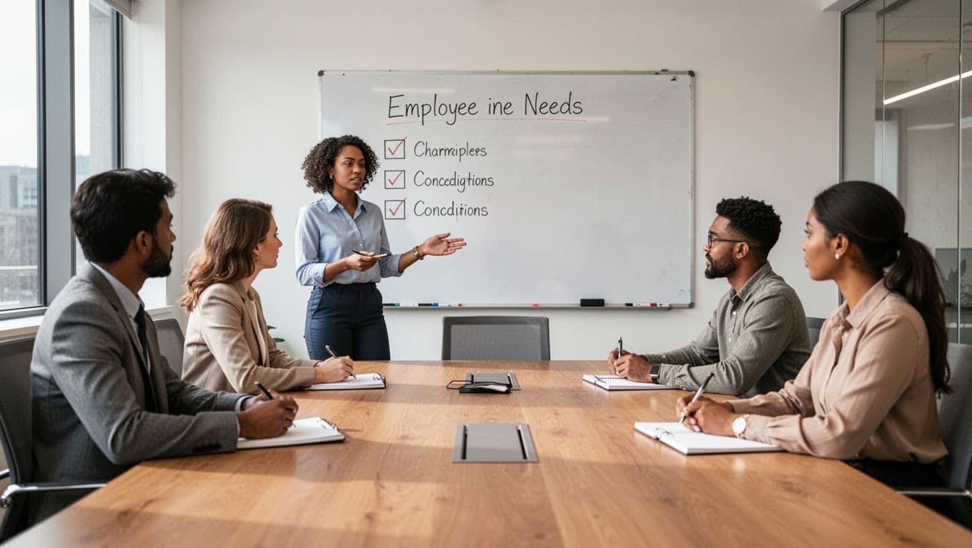 A diverse group of four office workers in a modern conference room, with one leading a relaxed discussion on employee needs while others take notes, featuring a whiteboard with a simple checklist and natural daylight.