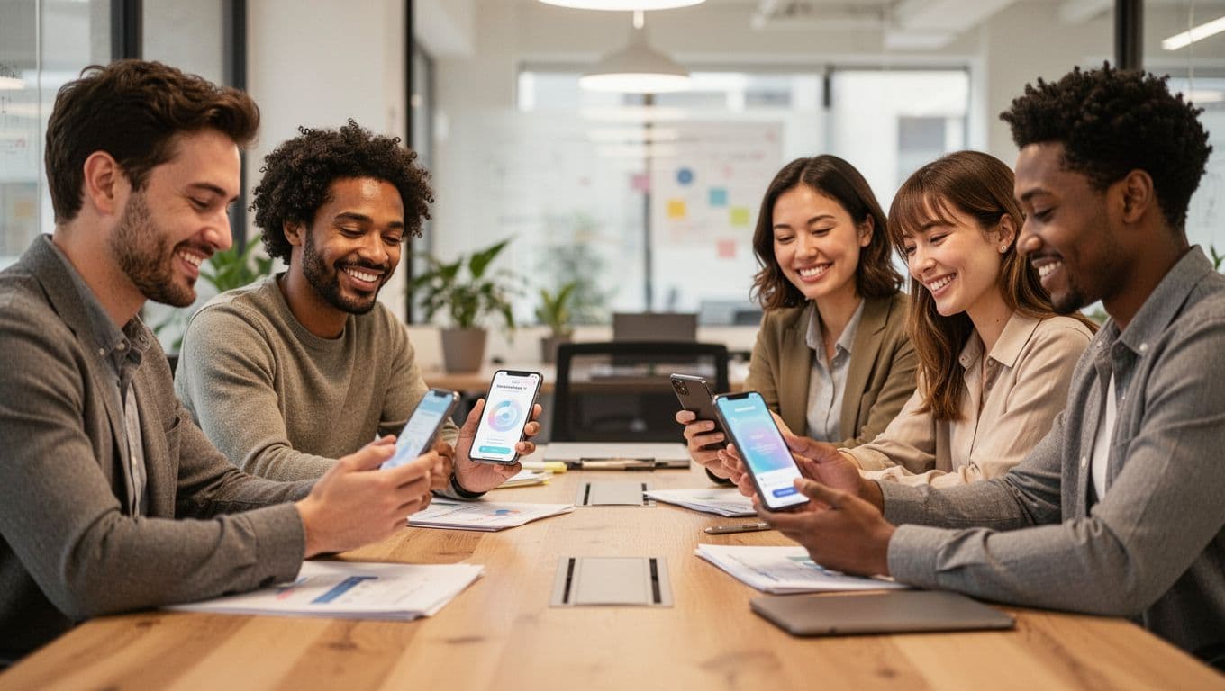 A group of four diverse office workers—two men and two women—with relaxed expressions, checking phones displaying a blurred wellbeing app in a bright, collaborative meeting room. Photorealistic style featuring warm lighting, no logos or visible text.